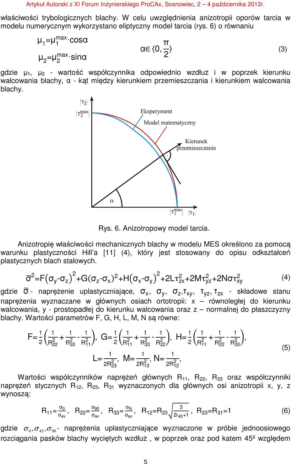 6) o równaniu µ 1 =µ 1 max cosα µ =µ max sinα α 0, π (3) gdzie µ 1, µ - wartość współczynnika odpowiednio wzdłuż i w poprzek kierunku walcowania blachy, α - kąt między kierunkiem przemieszczania i