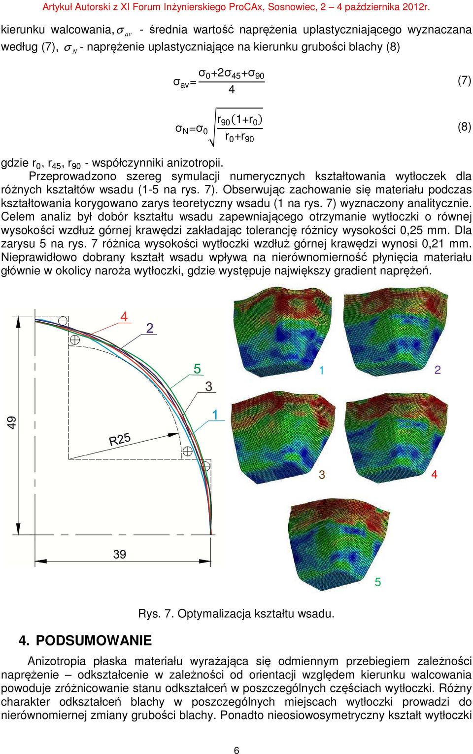 r 901+r 0 r 0 +r 90 (8) gdzie r 0, r 45, r 90 - współczynniki anizotropii. Przeprowadzono szereg symulacji numerycznych kształtowania wytłoczek dla różnych kształtów wsadu (1-5 na rys. 7).