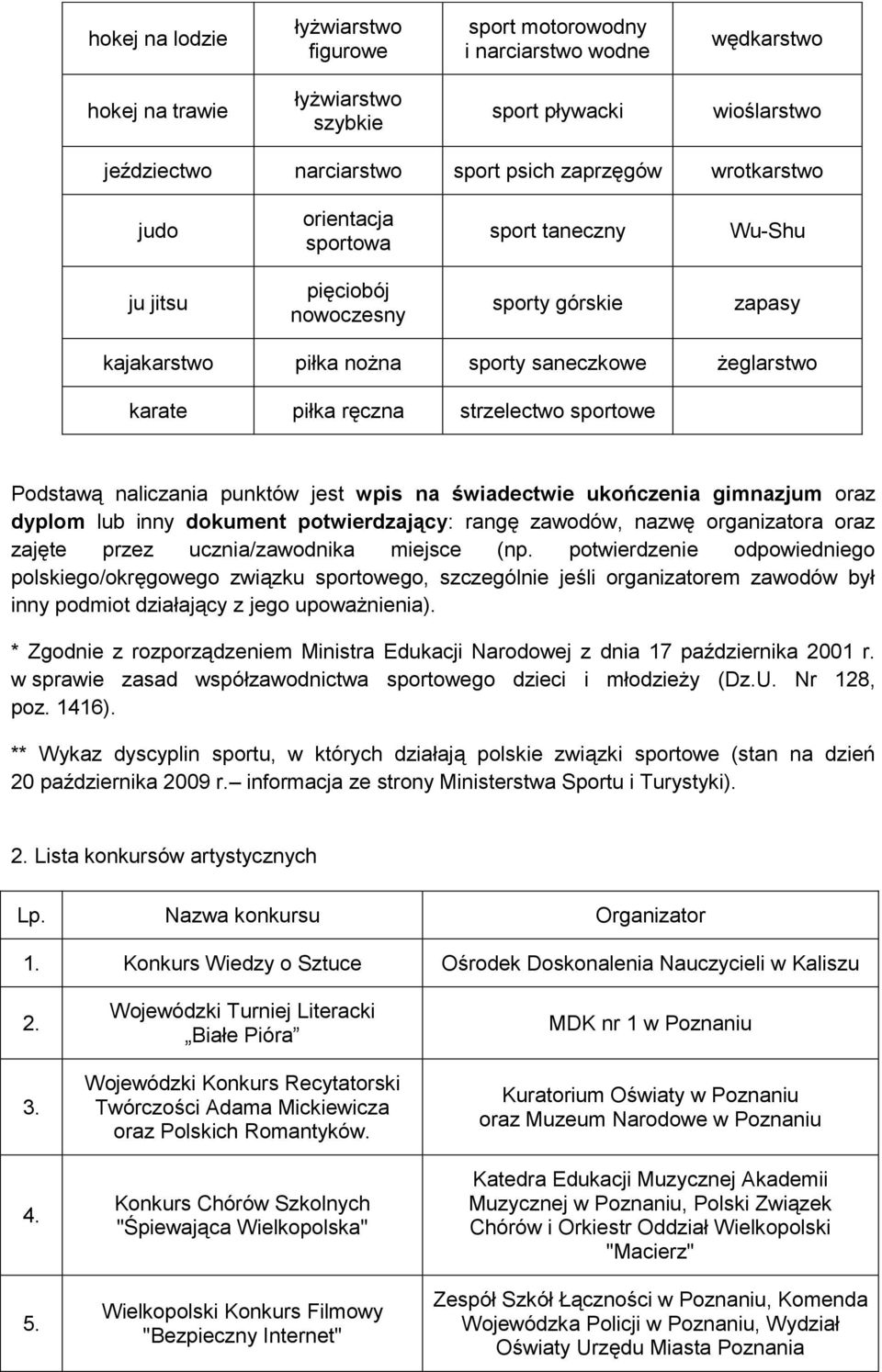 sportowe Podstawą naliczania punktów jest wpis na świadectwie ukończenia gimnazjum oraz dyplom lub inny dokument potwierdzający: rangę zawodów, nazwę organizatora oraz zajęte przez ucznia/zawodnika