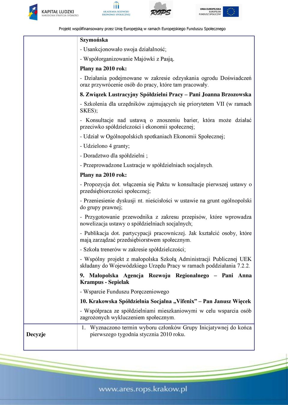 8. Związek Lustracyjny Spółdzielni Pracy Pani Joanna Brzozowska - Szkolenia dla urzędników zajmujących się priorytetem VII (w ramach SKES); - Konsultacje nad ustawą o znoszeniu barier, która może