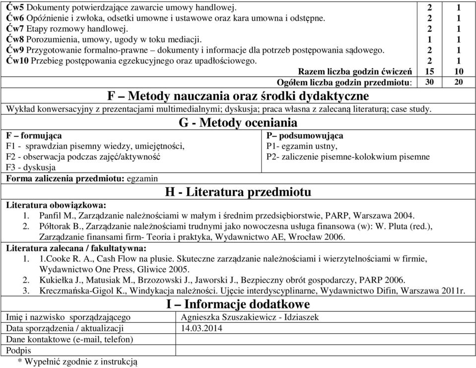Razem liczba godzin ćwiczeń Ogółem liczba godzin przedmiotu: 0 0 F Metody nauczania oraz środki dydaktyczne Wykład konwersacyjny z prezentacjami multimedialnymi; dyskusja; praca własna z zalecaną