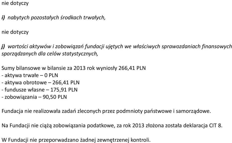 266,41 PLN - fundusze własne 175,91 PLN - zobowiązania 90,50 PLN Fundacja nie realizowała zadań zleconych przez podmnioty państwowe i