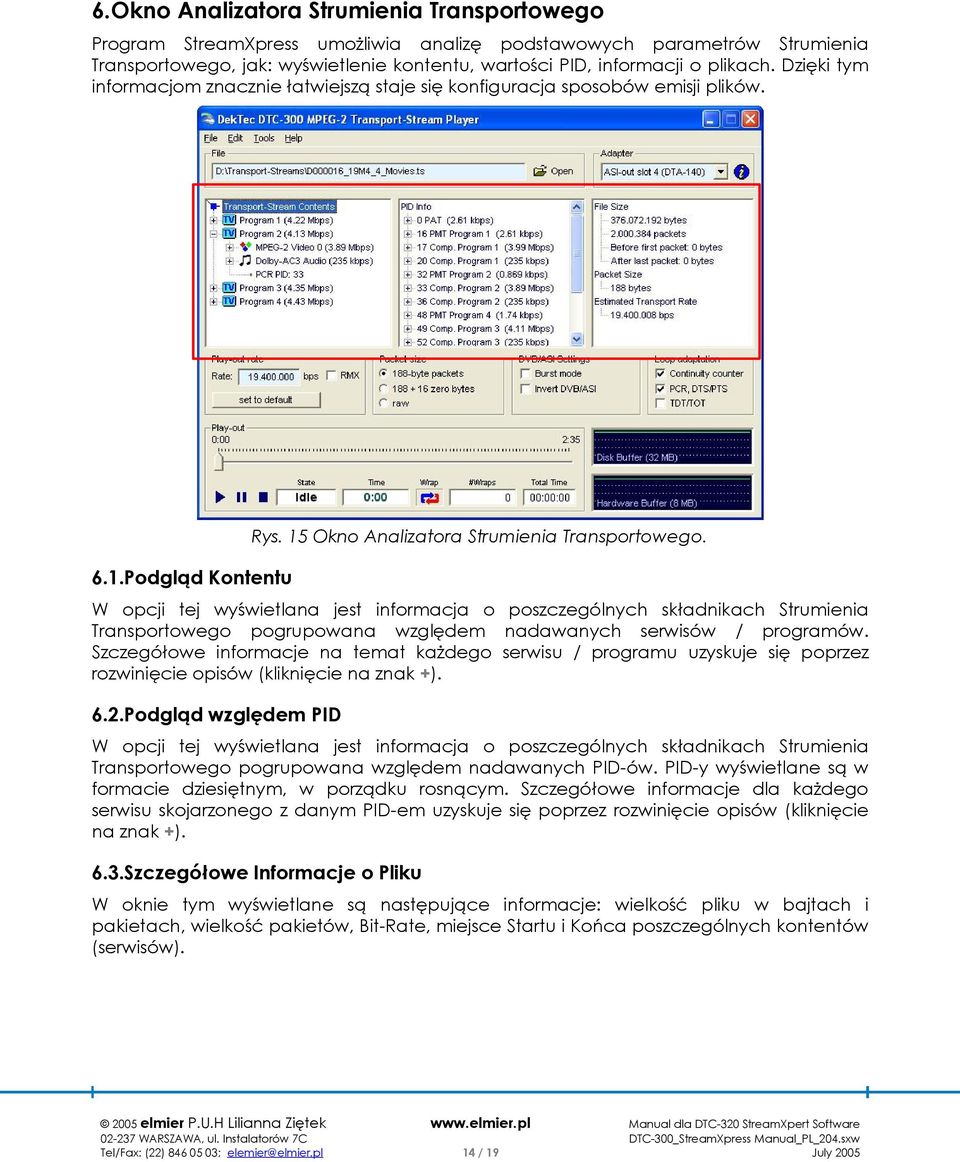 W opcji tej wyświetlana jest informacja o poszczególnych składnikach Strumienia Transportowego pogrupowana względem nadawanych serwisów / programów.