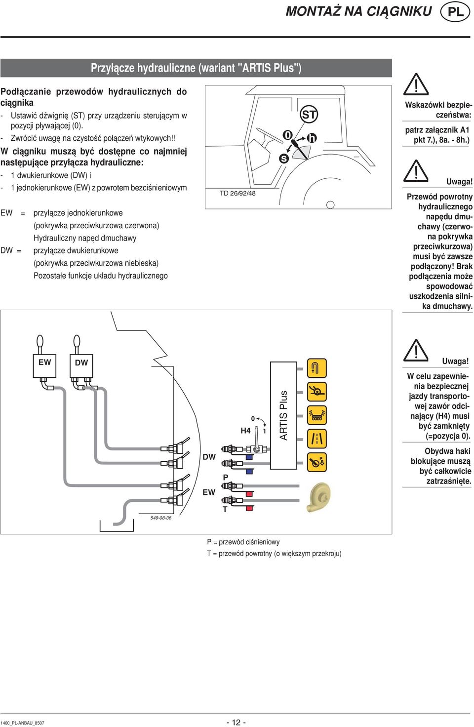) - 1 dwukierunkowe (DW) i - 1 jednokierunkowe (EW) z powrotem bezciśnieniowym EW = przyłącze jednokierunkowe (pokrywka przeciwkurzowa czerwona) Hydrauliczny napęd dmuchawy DW = przyłącze