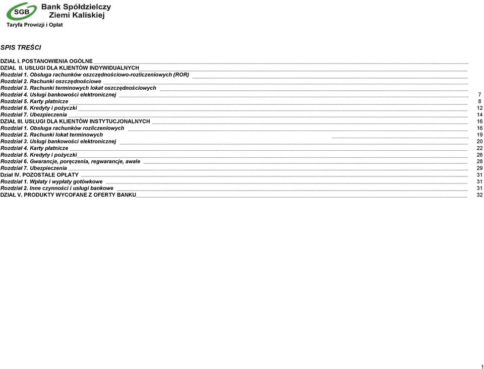 Kredyty i pożyczki 12 Rozdział 7. Ubezpieczenia 14 DZIAŁ III. USŁUGI DLA KLIENTÓW INSTYTUCJONALNYCH 16 Rozdział 1. Obsługa rachunków rozliczeniowych 16 Rozdział 2.