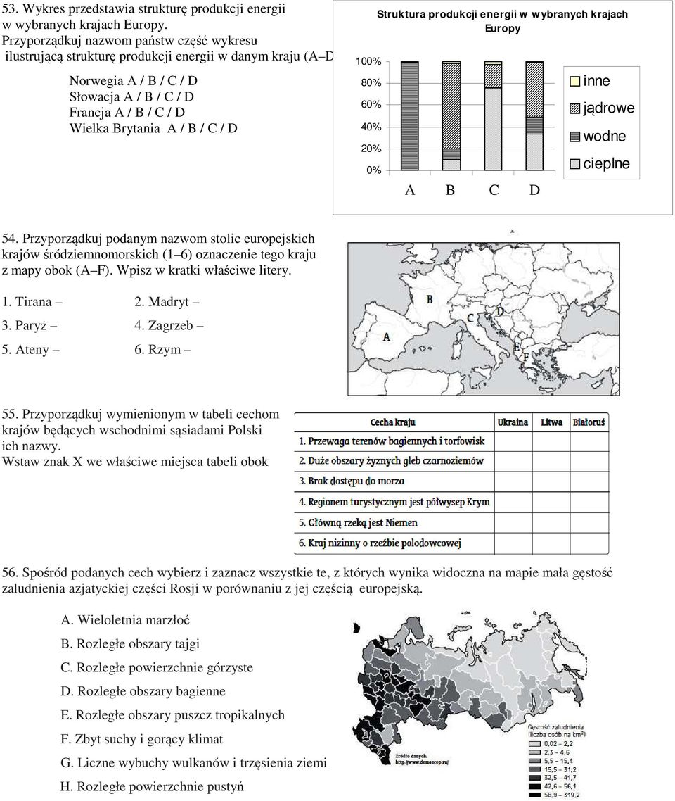 jądrowe wodne cieplne 54. Przyporządkuj podanym nazwom stolic europejskich krajów śródziemnomorskich (1 6) oznaczenie tego kraju z mapy obok (A F). Wpisz w kratki właściwe litery. 1. Tirana 2.