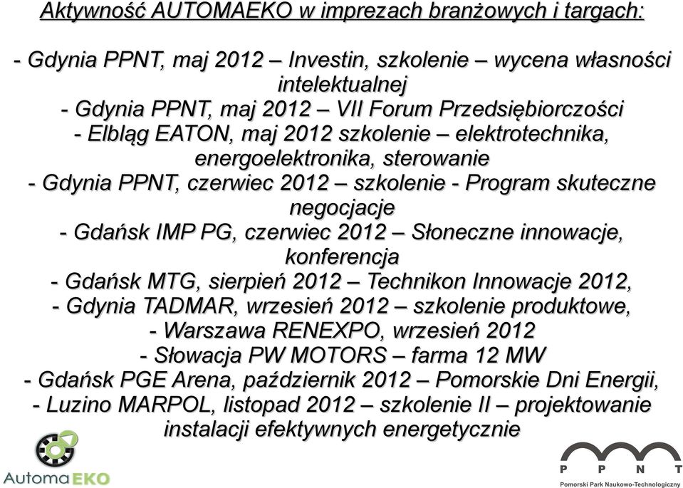 IMP PG, czerwiec 2012 Słoneczne innowacje, konferencja - Gdańsk MTG, sierpień 2012 Technikon Innowacje 2012, - Gdynia TADMAR, wrzesień 2012 szkolenie produktowe, - Warszawa RENEXPO,