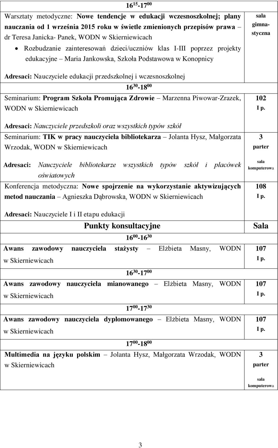 30-18 00 Seminarium: Program Szkoła Promująca Zdrowie Marzenna Piwowar-Zrazek, WODN Adresaci: Nauczyciele przedszkoli oraz wszystkich typów szkół Seminarium: TIK w pracy nauczyciela bibliotekarza