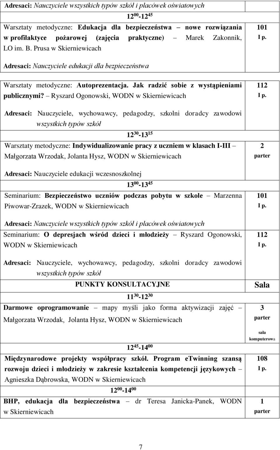 Ryszard Ogonowski, WODN Adresaci: Nauczyciele, wychowawcy, pedagodzy, szkolni doradcy zawodowi wszystkich typów szkół 12 30-13 15 Warsztaty metodyczne: Indywidualizowanie pracy z uczniem w klasach