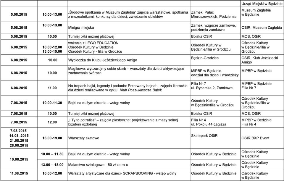 08.2015 11.00 Na tropach bajki, legendy i podania: Przerwany hejnał zajęcia literackie dla dzieci realizowane w cyklu Klub Poszukiwacza Bajek ul. Rycerska 2, Zamkowe MiPBP 7.08.2015 10.00-11.