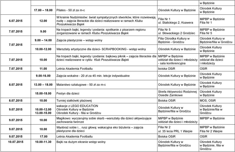 legendy i podania: spotkanie z pisarzem regionu zorganizowane w ramach Klubu Poszukiwacza Bajek 9.00 14.00 Zajęcia plastycznie wstęp wolny ul. Stalickiego 2, Ksawera Filia Nr 5 ul.