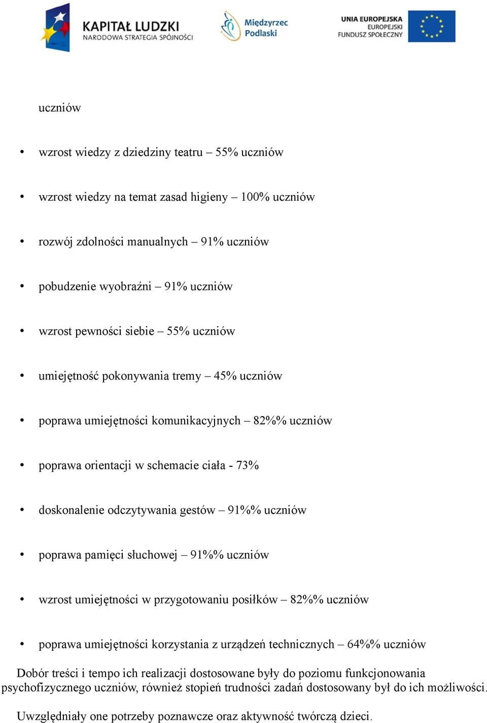 poprawa pamięci słuchowej 91%% uczniów wzrost umiejętności w przygotowaniu posiłków 82%% uczniów poprawa umiejętności korzystania z urządzeń technicznych 64%% uczniów Dobór treści i tempo ich