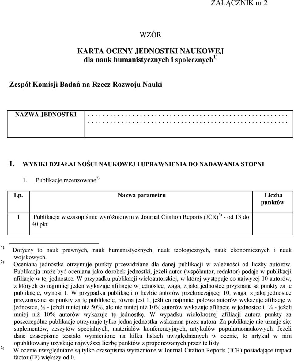 Publikacje recenzowane 2) 1 Publikacja w czasopiśmie wyróżnionym w Journal Citation Reports (JCR) 3) - od 13 do 40 pkt 1) 2) 3) Dotyczy to nauk prawnych, nauk humanistycznych, nauk teologicznych,