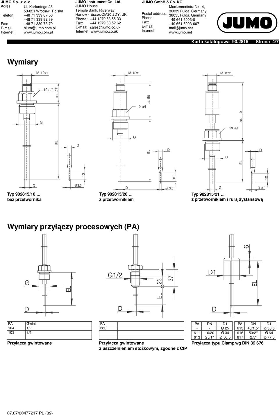 .. i rurą dystansową Wymiary przyłączy procesowych () Gwint 104 1/2 103 3/4 Przyłącza gwintowane 380 Przyłącza gwintowane z uszczelnieniem