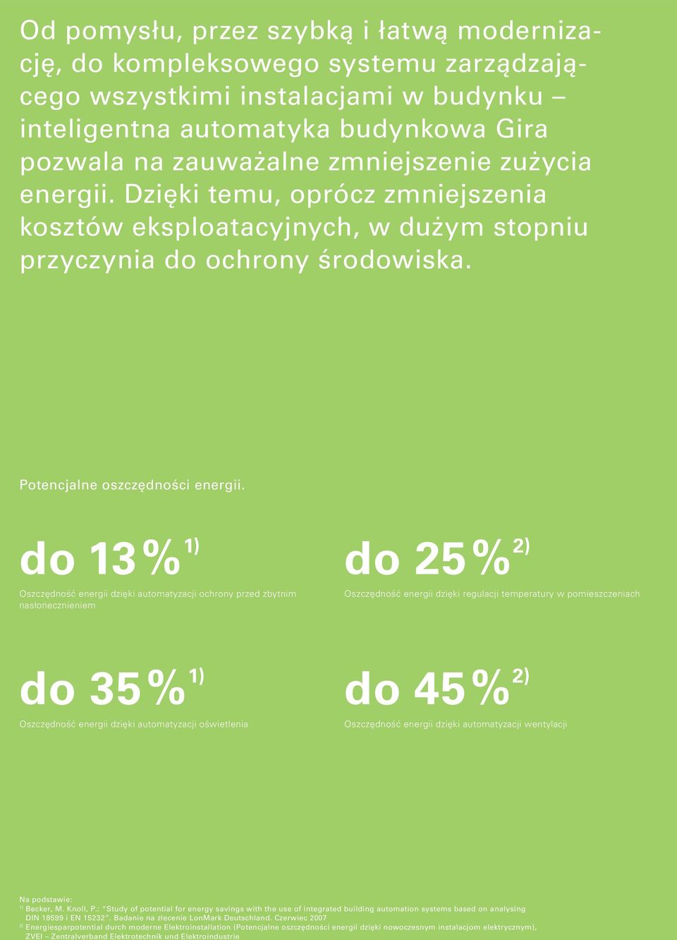 do 13 % 1) Oszczędność energii dzięki automatyzacji ochrony przed zbytnim nasłonecznieniem do 25 % 2) Oszczędność energii dzięki regulacji temperatury w pomieszczeniach do 35 % 1) Oszczędność energii