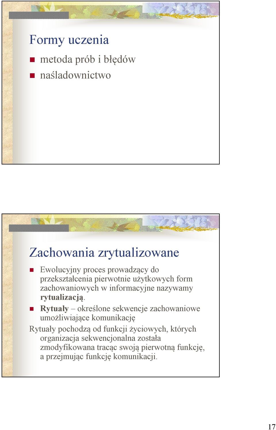 Rytuały określone sekwencje zachowaniowe umożliwiające komunikację Rytuały pochodzą od funkcji życiowych,