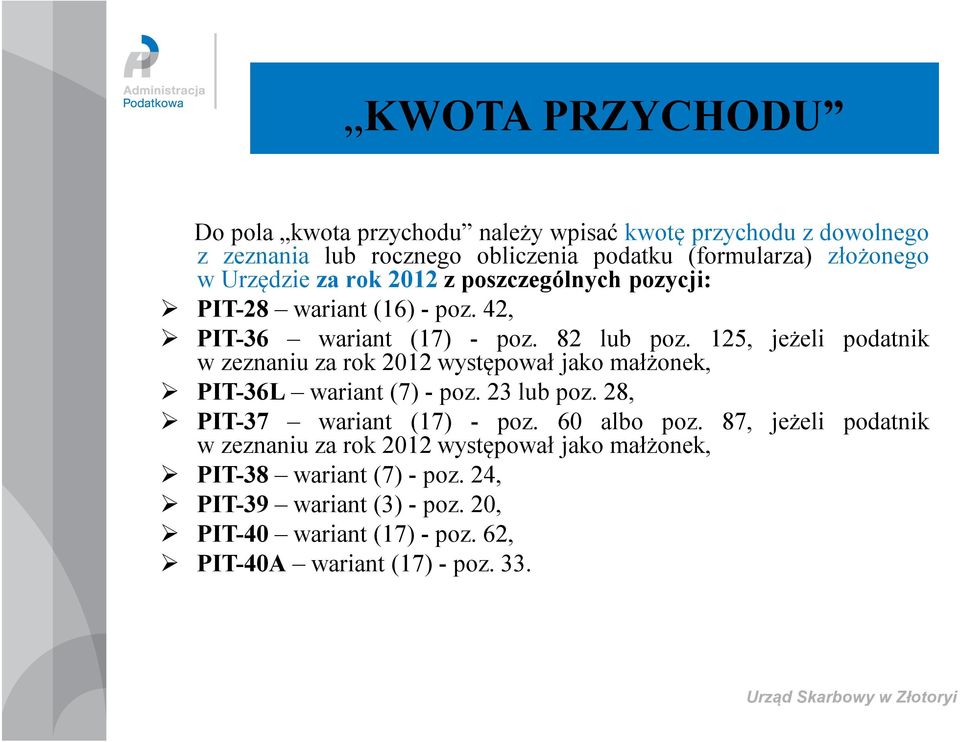 125, jeżeli podatnik w zeznaniu za rok 2012 występował jako małżonek, PIT-36L wariant (7) - poz. 23 lub poz. 28, PIT-37 wariant (17) - poz. 60 albo poz.