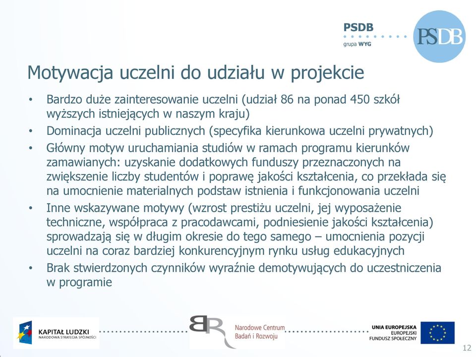 kształcenia, co przekłada się na umocnienie materialnych podstaw istnienia i funkcjonowania uczelni Inne wskazywane motywy (wzrost prestiżu uczelni, jej wyposażenie techniczne, współpraca z
