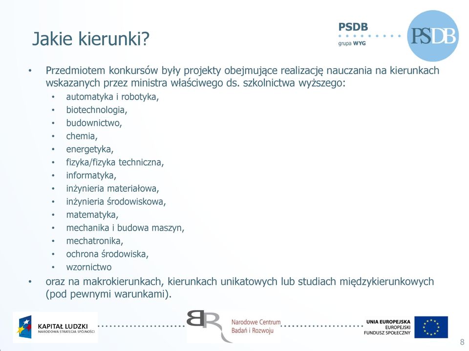 szkolnictwa wyższego: automatyka i robotyka, biotechnologia, budownictwo, chemia, energetyka, fizyka/fizyka techniczna,