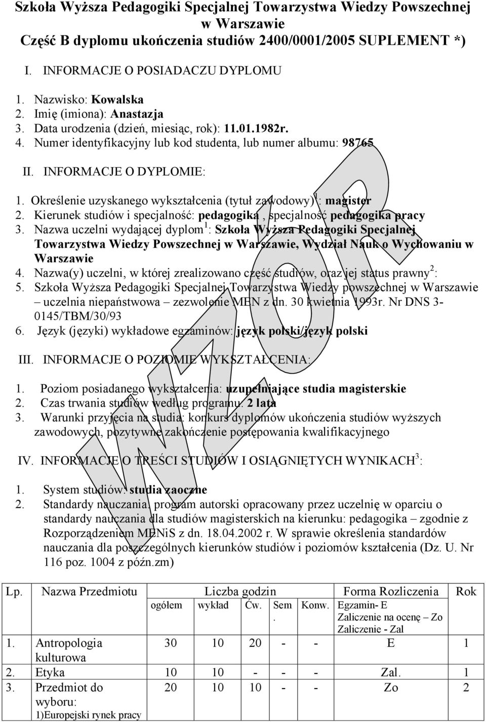 Określenie uzyskanego wykształcenia (tytuł zawodowy) 1 : magister 2. Kierunek studiów i specjalność: pedagogika, specjalność pedagogika pracy 3.