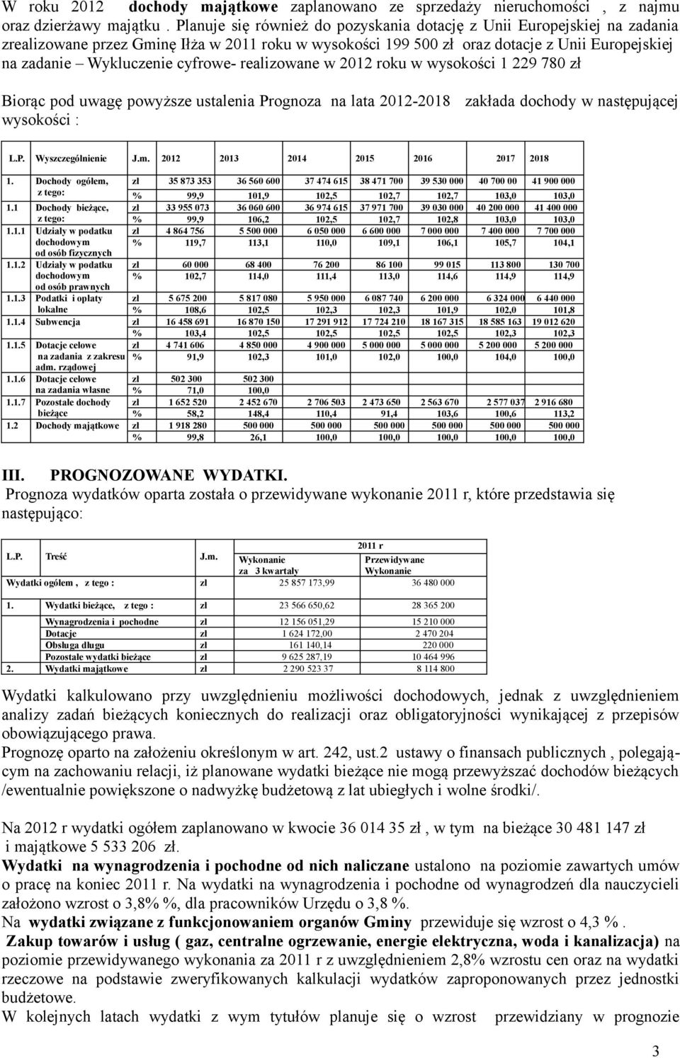 cyfrowe- realizowane w 2012 roku w wysokości 1 229 780 zł Biorąc pod uwagę powyższe ustalenia Prognoza na lata 2012-2018 zakłada dochody w następującej L.P. Wyszczególnienie J.m.