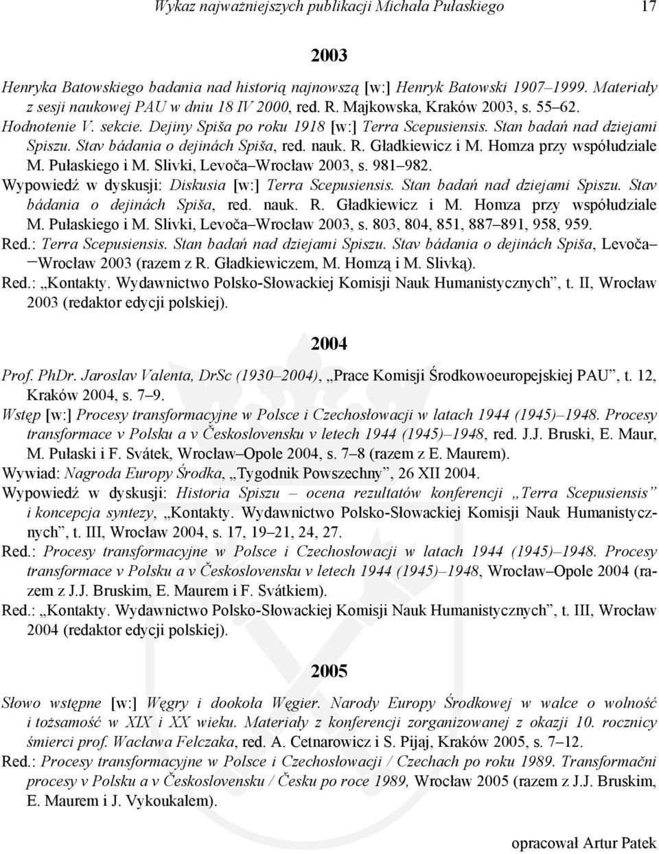 Homza przy współudziale M. Pułaskiego i M. Slivki, Levoča Wrocław 2003, s. 981 982. Wypowiedź w dyskusji: Diskusia [w:] Terra Scepusiensis. Stan badań nad dziejami Spiszu.