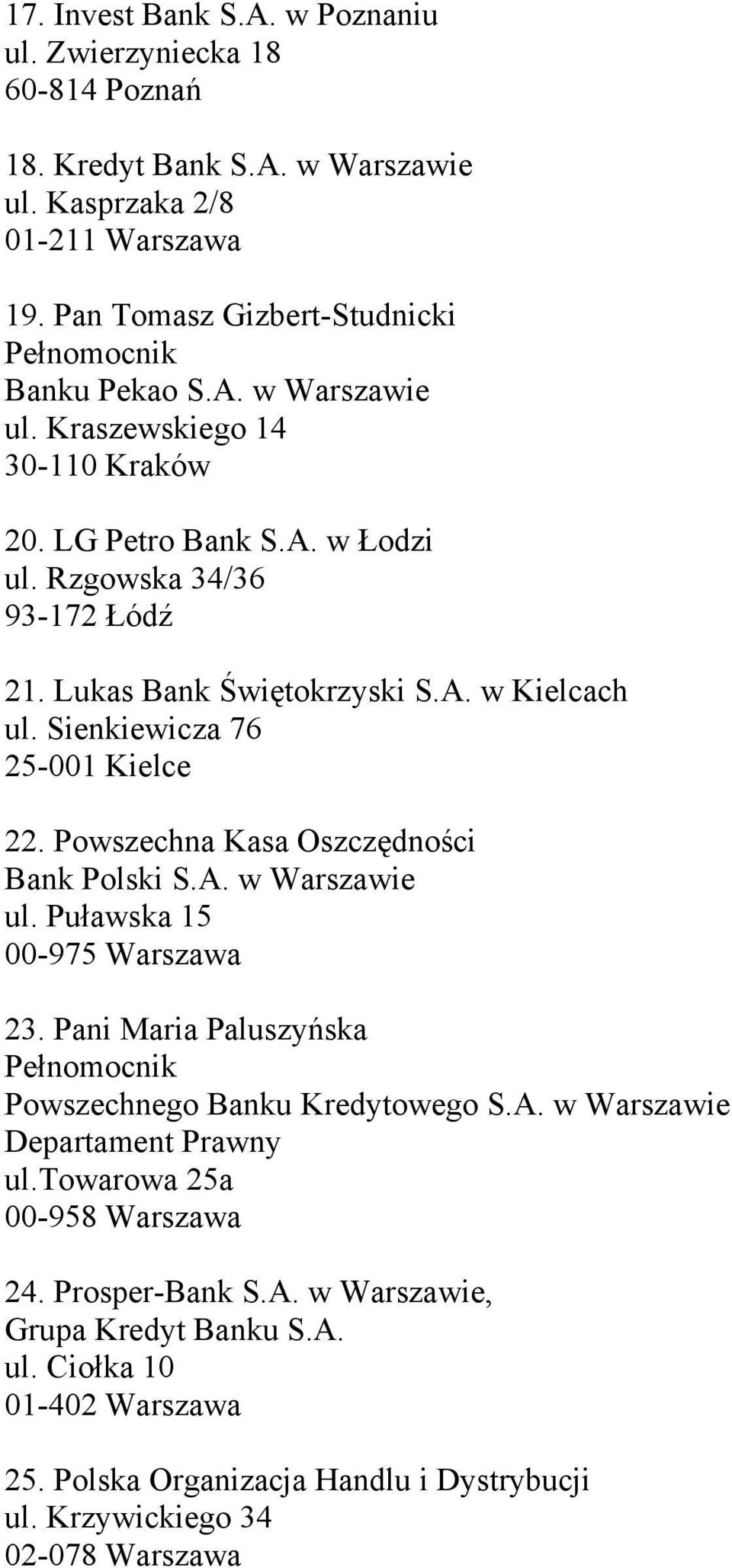 Puławska 15 00-975 Warszawa 23. Pani Maria Paluszyńska Powszechnego Banku Kredytowego S.A. w Warszawie Departament Prawny ul.towarowa 25a 00-958 Warszawa 24. Prosper-Bank S.A. w Warszawie, Grupa Kredyt Banku S.