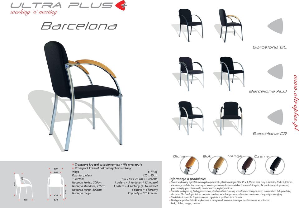 16 krzeseł 1 paleta = 4 kartony 33 palety = 528 krzeseł Stelaż wykonany z profili stalowych o przekroju płaskoowalnym 30 x 15 x 1,25mm oraz rury o średnicy Ø18 x 1,25 mm.