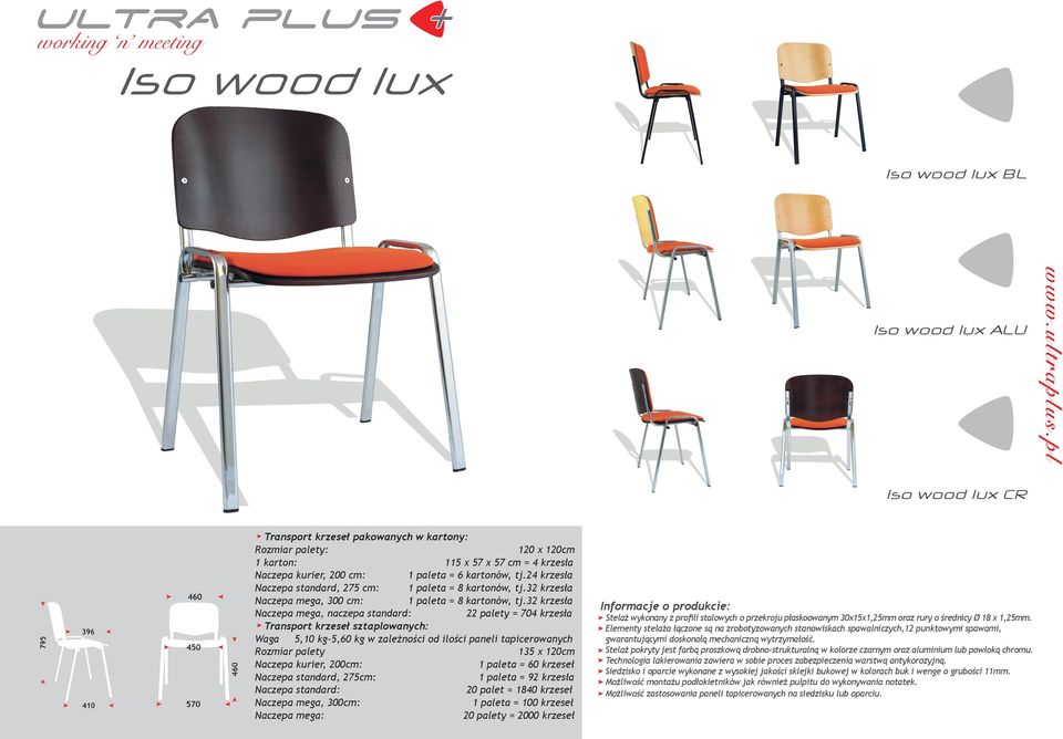 32 krzesła Naczepa mega, naczepa standard: 22 palety = 704 krzesła 5,10 kg-5,60 kg w zależności od ilości paneli tapicerowanych 135 x 120cm 1 paleta = 60 krzeseł 1 paleta = 92 krzesła 20 palet = 1840