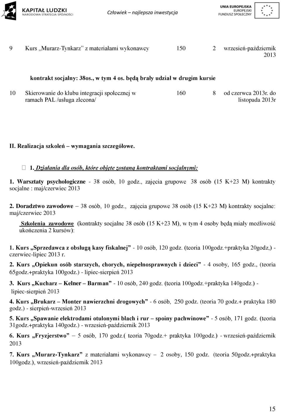 1. Działania dla osób, które objęte zostaną kontraktami socjalnymi: 1. Warsztaty psychologiczne - 38 osób, 10 godz., zajęcia grupowe 38 osób (15 K+23 M) kontrakty socjalne : maj/czerwiec 2013 2.