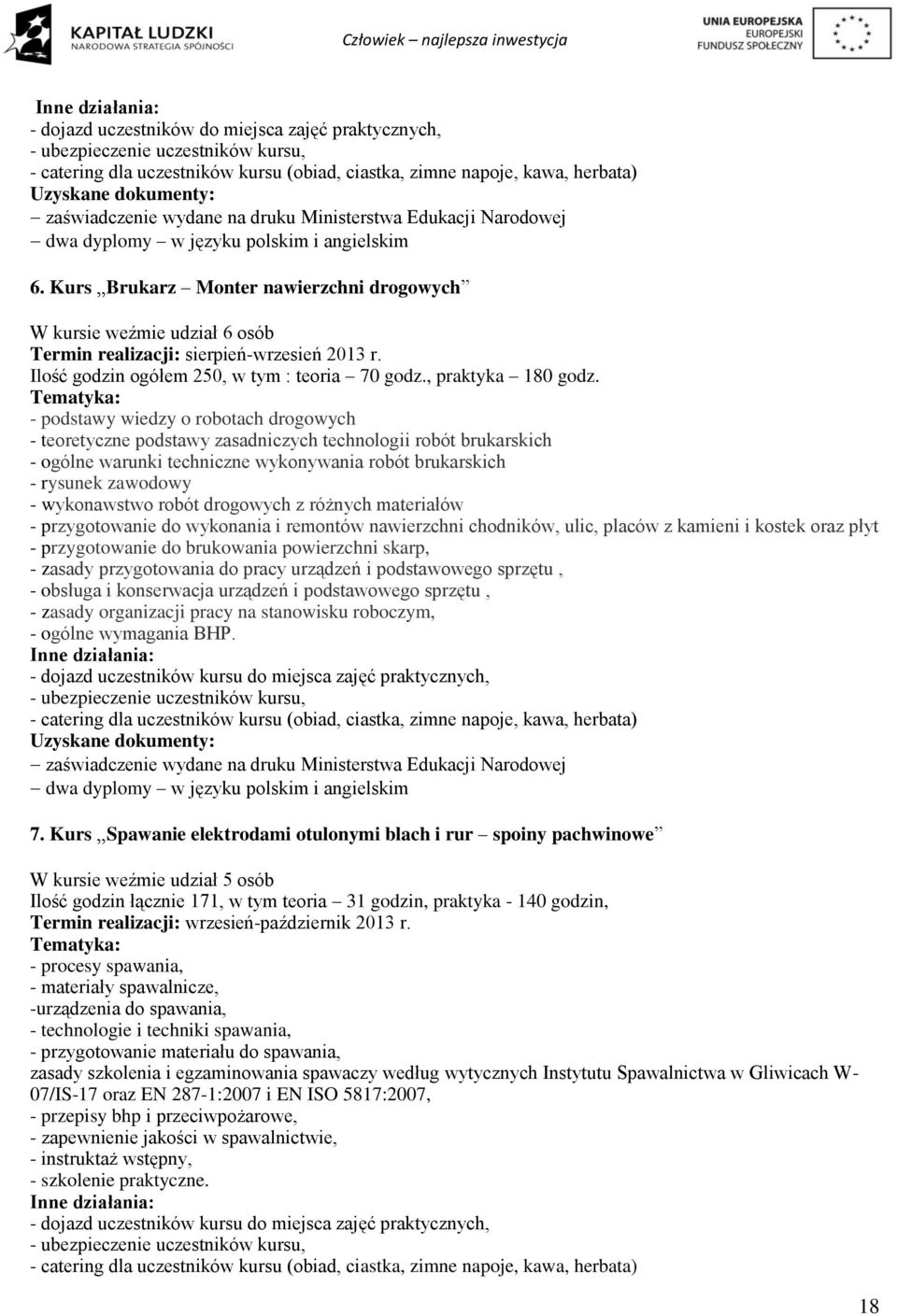 Kurs Brukarz Monter nawierzchni drogowych W kursie weźmie udział 6 osób Termin realizacji: sierpień-wrzesień 2013 r. Ilość godzin ogółem 250, w tym : teoria 70 godz., praktyka 180 godz.
