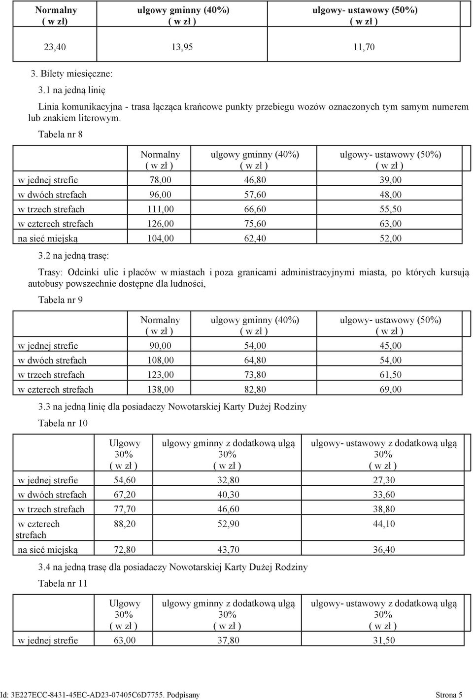 Tabela nr 8 Normalny ulgowy gminny (40%) ulgowy- ustawowy (50%) w jednej strefie 78,00 46,80 39,00 w dwóch strefach 96,00 57,60 48,00 w trzech strefach 111,00 66,60 55,50 w czterech strefach 126,00