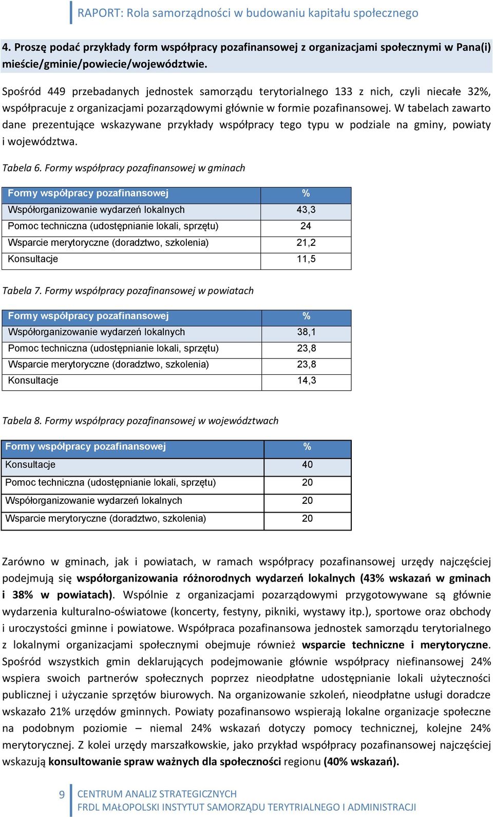W tabelach zawarto dane prezentujące wskazywane przykłady współpracy tego typu w podziale na gminy, powiaty i województwa. Tabela 6.