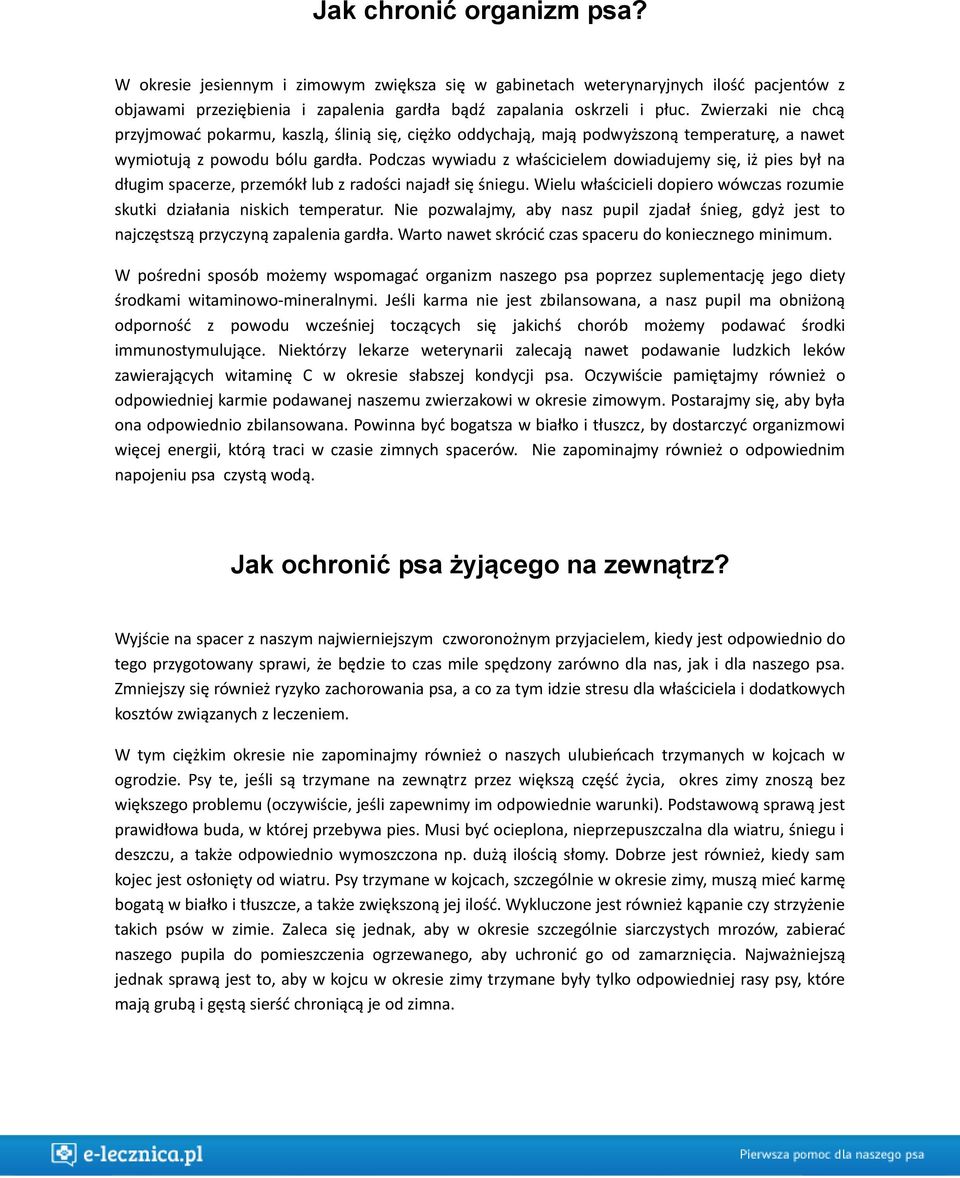 Podczas wywiadu z właścicielem dowiadujemy się, iż pies był na długim spacerze, przemókł lub z radości najadł się śniegu. Wielu właścicieli dopiero wówczas rozumie skutki działania niskich temperatur.