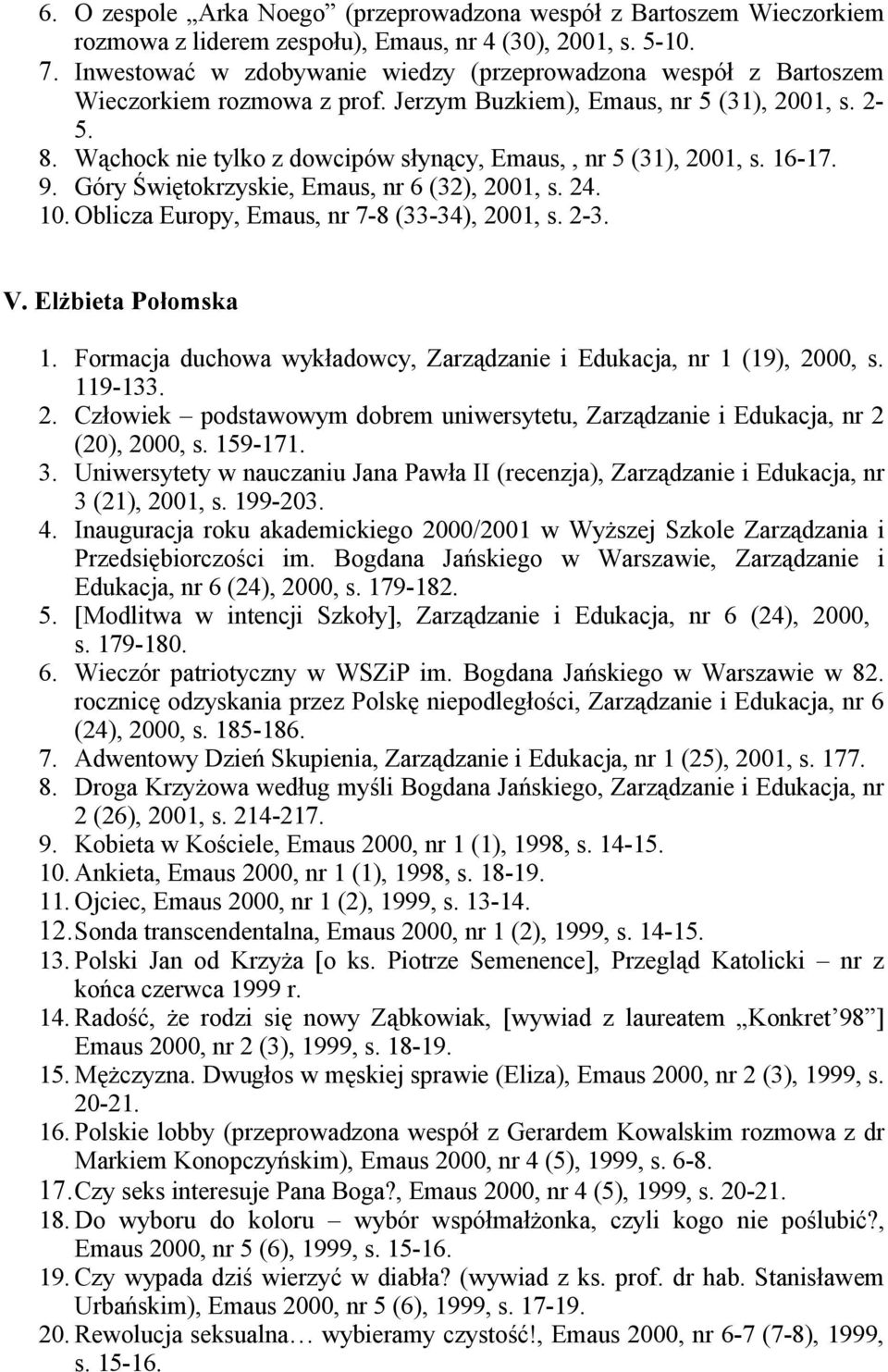 Wąchock nie tylko z dowcipów słynący, Emaus,, nr 5 (31), 2001, s. 16-17. 9. Góry Świętokrzyskie, Emaus, nr 6 (32), 2001, s. 24. 10. Oblicza Europy, Emaus, nr 7-8 (33-34), 2001, s. 2-3. V.