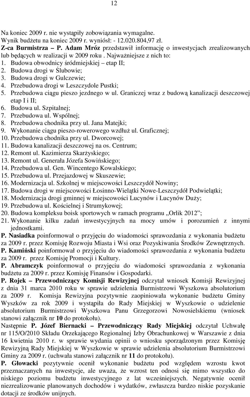 Budowa drogi w Gulczewie; 4. Przebudowa drogi w Leszczydole Pustki; 5. Przebudowa ciągu pieszo jezdnego w ul. Graniczej wraz z budową kanalizacji deszczowej etap I i II; 6. Budowa ul. Szpitalnej; 7.