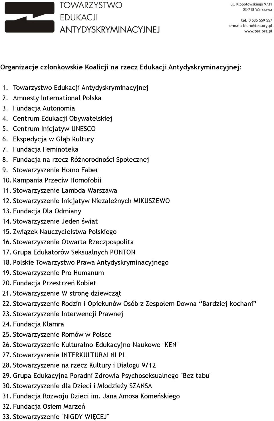 Kampania Przeciw Homofobii 11. Stowarzyszenie Lambda Warszawa 12. Stowarzyszenie Inicjatyw Niezależnych MIKUSZEWO 13. Fundacja Dla Odmiany 14. Stowarzyszenie Jeden świat 15.