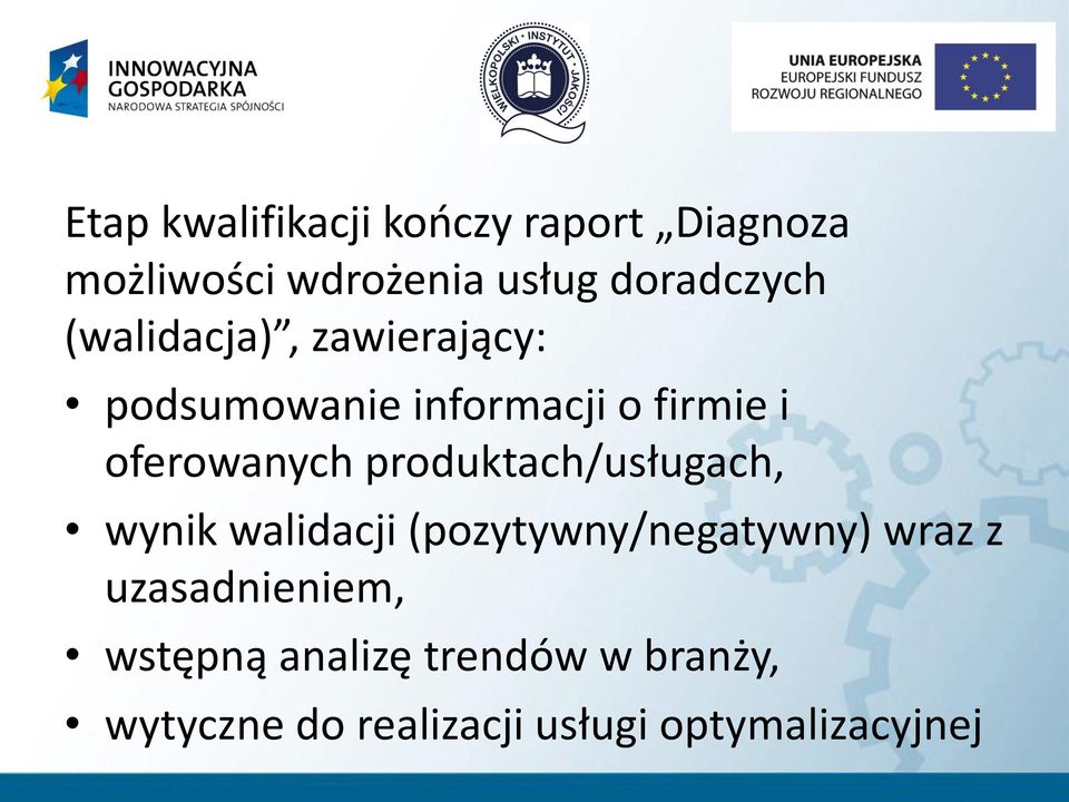 produktach/usługach, wynik walidacji (pozytywny/negatywny) wraz z