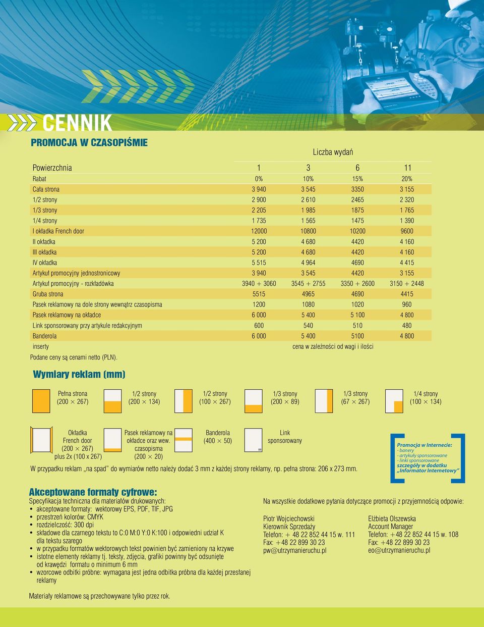 jednostronicowy 3 940 3 545 4420 3 155 Artykuł promocyjny - rozkładówka 3940 + 3060 3545 + 2755 3350 + 2600 3150 + 2448 Gruba strona 5515 4965 4690 4415 Pasek reklamowy na dole strony wewnątrz