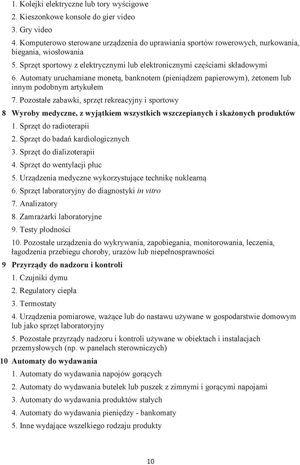 Pozostałe zabawki, sprzęt rekreacyjny i sportowy 8 Wyroby medyczne, z wyjątkiem wszystkich wszczepianych i skażonych produktów 1. Sprzęt do radioterapii 2. Sprzęt do badań kardiologicznych 3.