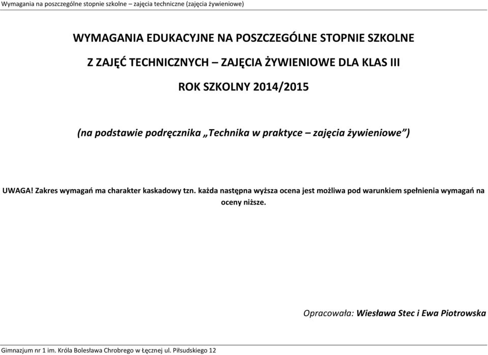 żywieniowe ) UWAGA! Zakres wymagań ma charakter kaskadowy tzn.