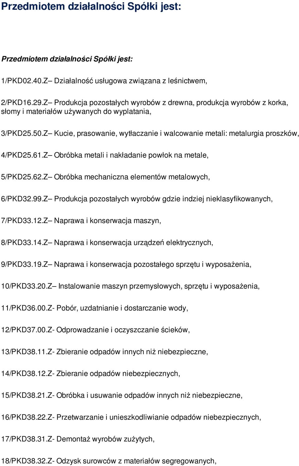 Z Kucie, prasowanie, wytłaczanie i walcowanie metali: metalurgia proszków, 4/PKD25.61.Z Obróbka metali i nakładanie powłok na metale, 5/PKD25.62.Z Obróbka mechaniczna elementów metalowych, 6/PKD32.99.