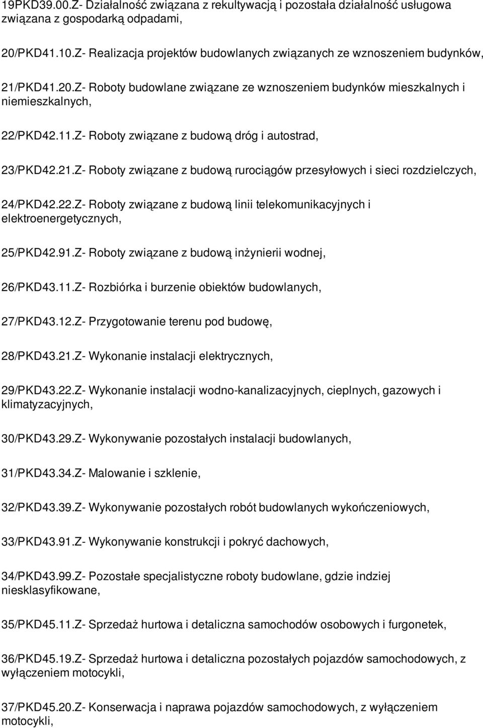 Z- Roboty związane z budową dróg i autostrad, 23/PKD42.21.Z- Roboty związane z budową rurociągów przesyłowych i sieci rozdzielczych, 24/PKD42.22.