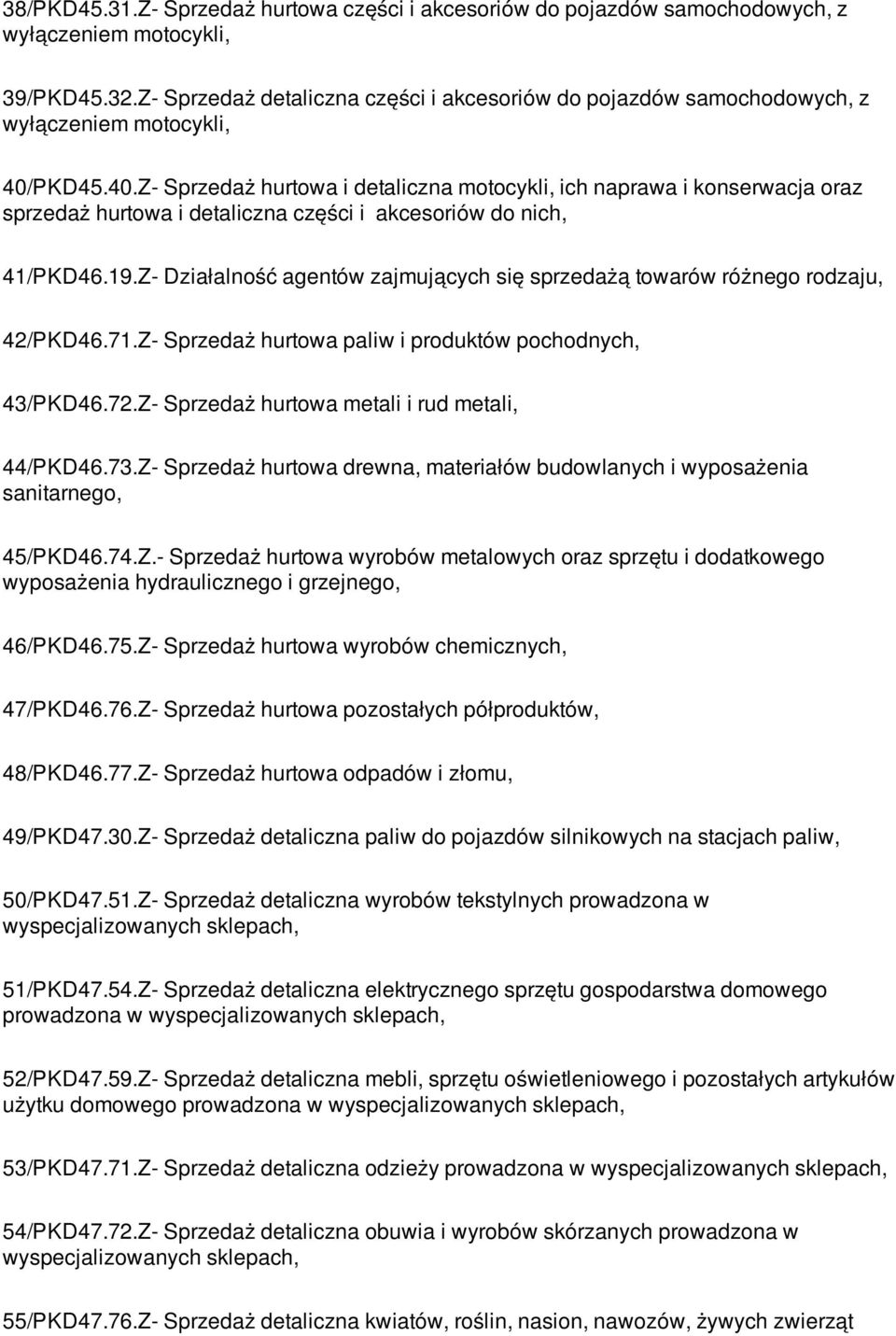 Z- Działalność agentów zajmujących się sprzedażą towarów różnego rodzaju, 42/PKD46.71.Z- Sprzedaż hurtowa paliw i produktów pochodnych, 43/PKD46.72.Z- Sprzedaż hurtowa metali i rud metali, 44/PKD46.