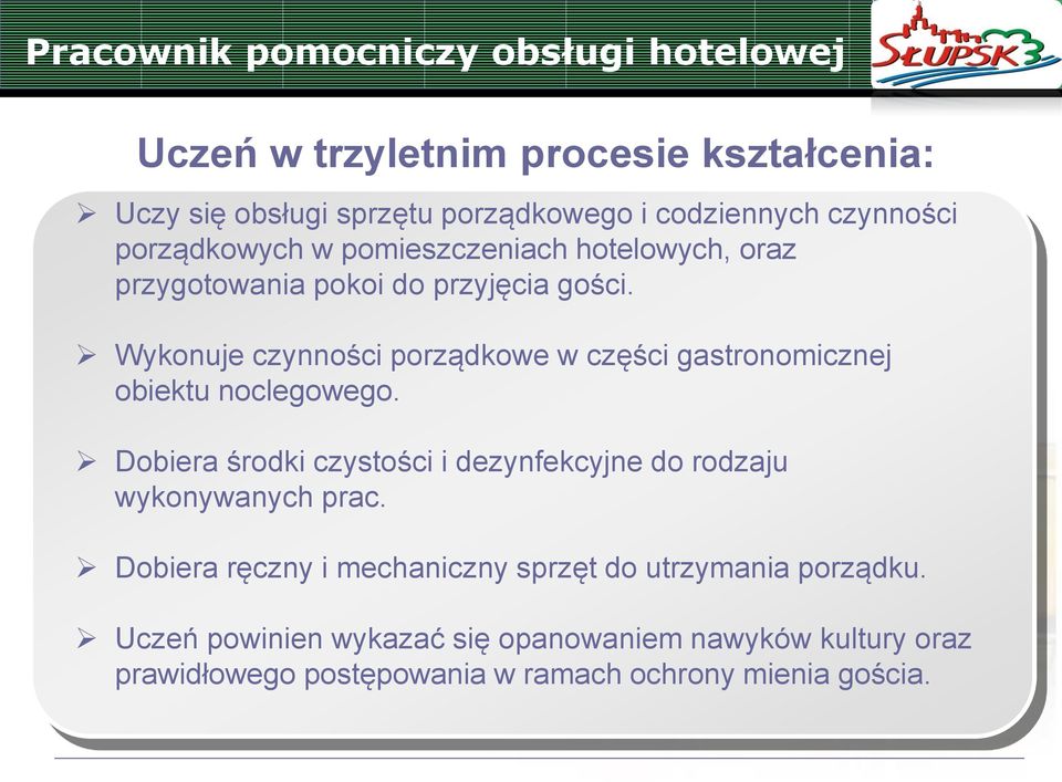 Wykonuje czynności porządkowe w części gastronomicznej obiektu noclegowego.