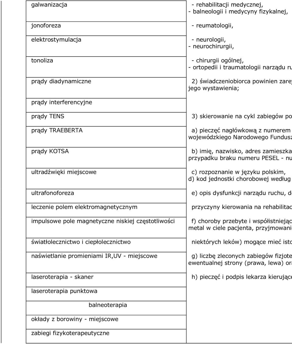 ultrafonoforeza leczenie polem elektromagnetycznym impulsowe pole magnetyczne niskiej częstotliwości światłolecznictwo i ciepłolecznictwo naświetlanie promieniami IR,UV - miejscowe laseroterapia -