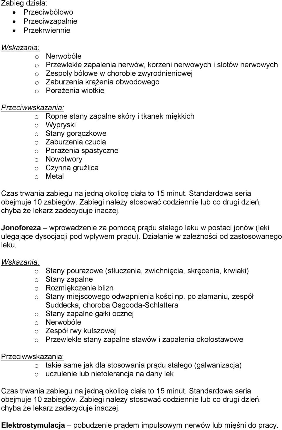 obejmuje 10 zabiegów. Zabiegi należy stosować codziennie lub co drugi dzień, Jonoforeza wprowadzenie za pomocą prądu stałego leku w postaci jonów (leki ulegające dysocjacji pod wpływem prądu).