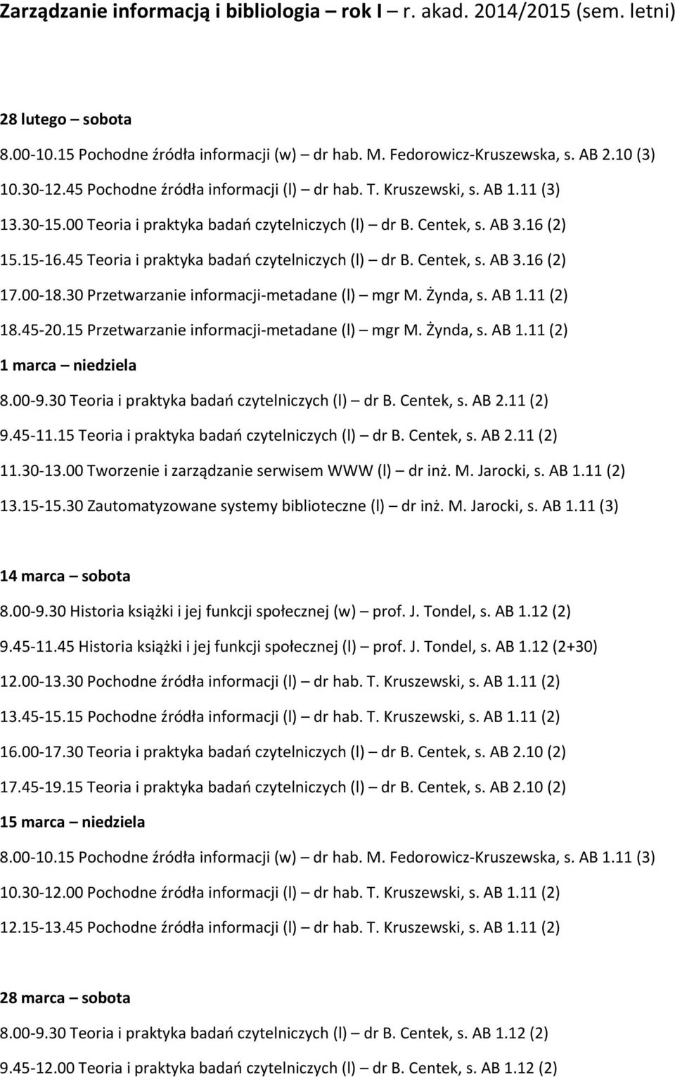 45 Teoria i praktyka badań czytelniczych (l) dr B. Centek, s. AB 3.16 (2) 17.00-18.30 Przetwarzanie informacji-metadane (l) mgr M. Żynda, s. AB 1.11 (2) 18.45-20.