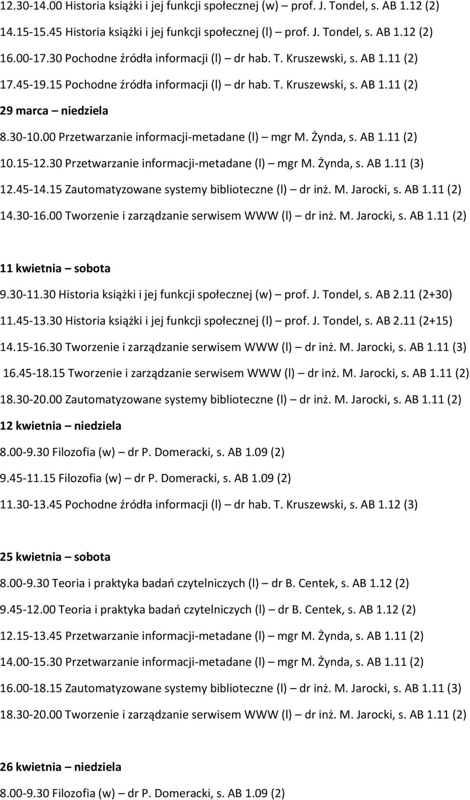 00 Przetwarzanie informacji-metadane (l) mgr M. Żynda, s. AB 1.11 (2) 10.15-12.30 Przetwarzanie informacji-metadane (l) mgr M. Żynda, s. AB 1.11 (3) 12.45-14.