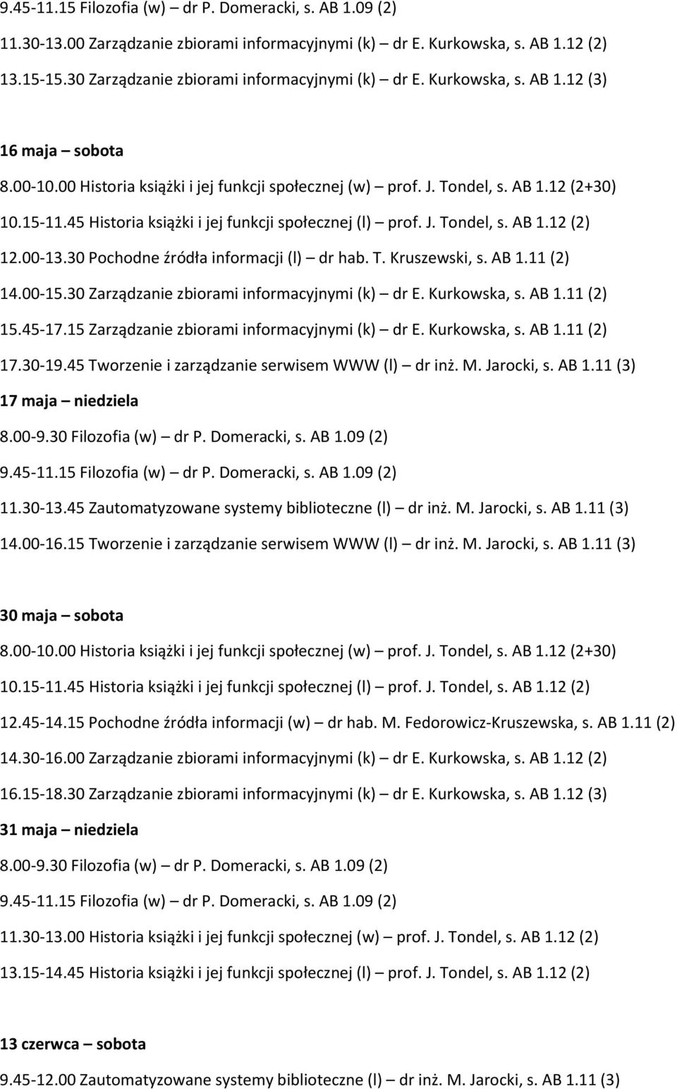 30 Pochodne źródła informacji (l) dr hab. T. Kruszewski, s. AB 1.11 (2) 14.00-15.30 Zarządzanie zbiorami informacyjnymi (k) dr E. Kurkowska, s. AB 1.11 (2) 15.45-17.